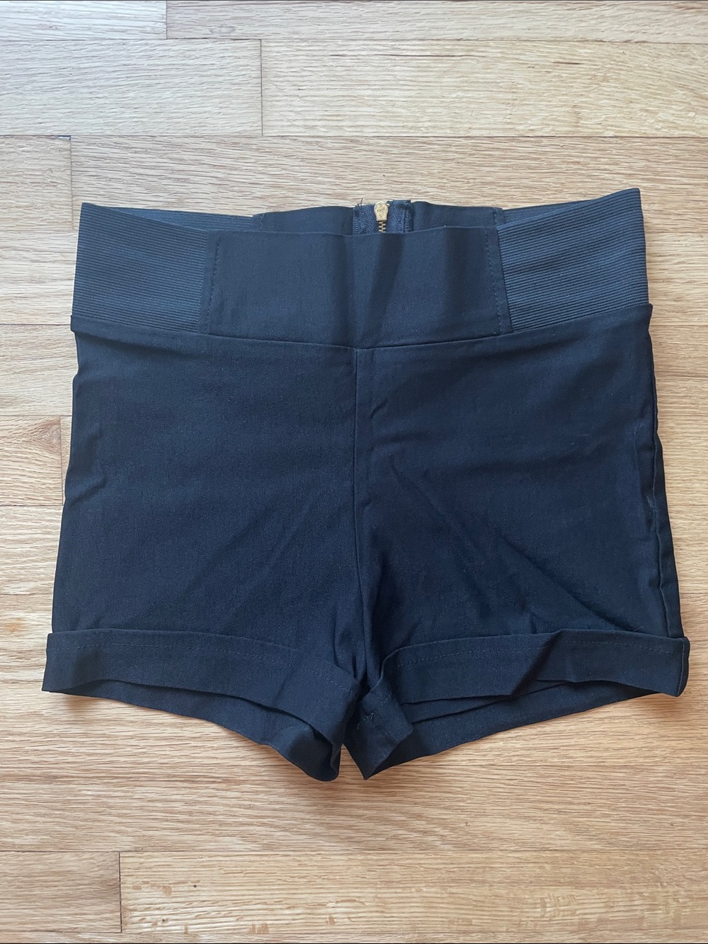 Charlotte Russe Black High-Waist Cuffed Stretch Shorts with decorative zipper
